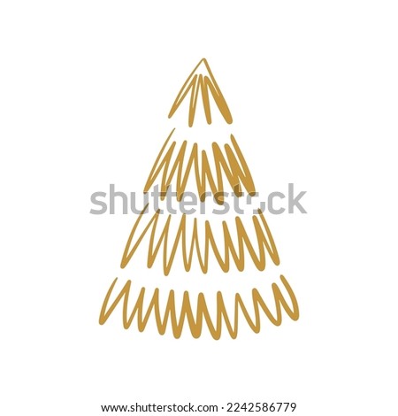 Hand drawn Christmas tree. Modern boho gold whimsical doodle illustration.