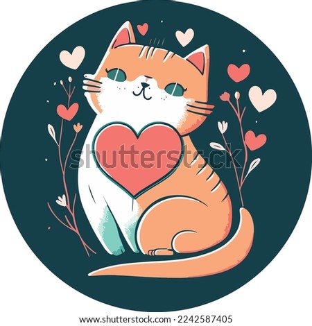 Cat with heart, vector illustration isolated on white background, valentine day cat with heart, cute cat with vector heart. for copy space and design assest