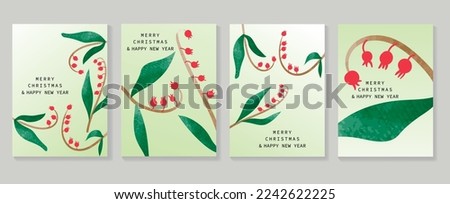 Set of christmas and happy new year holiday card vector. Decorative element of hand drawn watercolor winter botanical christmas berry leaf vine. Design illustration for cover, banner, card, poster.