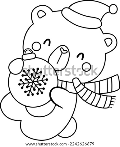 a vector of a bear holding Christmas decoration in black and white colouring