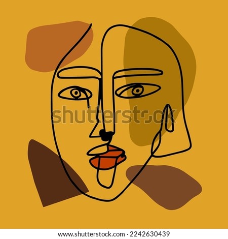 Abstract Hand Drawn One Line Drawing Woman Face Mask with Geometric Shapes Placement Print Pop Art Vector Pattern Isolated Background