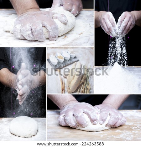 making bread collage consisting of five pictures: hands of a baker kneading bread, hands with flour, hands dropping flour and fresh bread and its ingredients