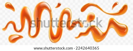 Realistic set of caramel drops and stains png isolated on transparent background. Vector illustration of sweet sauce, maple syrup or glossy brown paint drips, swirls, waves on surface. Dessert topping Royalty-Free Stock Photo #2242640365