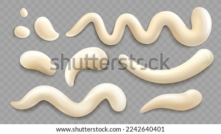 Drips of mayonnaise, cheese sauce or vanilla cream isolated on transparent background. Stains, drops and blobs of mayo sauce, yoghurt or cosmetic mousse, vector realistic set Royalty-Free Stock Photo #2242640401