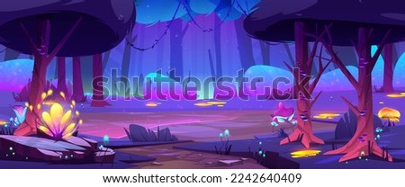 Glade in magic forest at night. Fantastic woods landscape with trees, mushrooms, flowers and grass in mystic purple light, path and stones, vector cartoon illustration Royalty-Free Stock Photo #2242640409