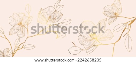 Luxury floral golden line art wallpaper. Elegant gradient gold magnolia flowers pattern background. Design illustration for decorative, card, home decor, invitation, packaging, print, cover, banner.