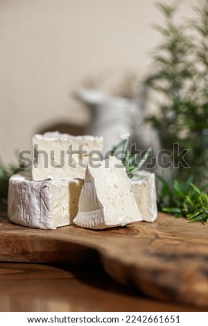 Delicious fresh italian Camembert cheese. Fresh Camembert cheese with rosemary on a wooden cut board. Top cheese of Italy - Camembert. Royalty-Free Stock Photo #2242661651