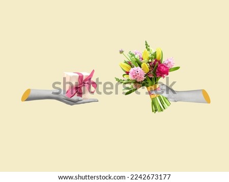 Contemporary art collage of  hands with gift box and bouquet. The concept of holidays and wishes. Banner, postcard with copy space. Greeting card for women's Day on March 8, Valentine's Day. Royalty-Free Stock Photo #2242673177
