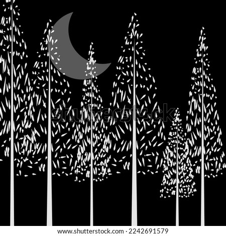 Abstract image of five white pine trees and crescent moon on isolated white background.
