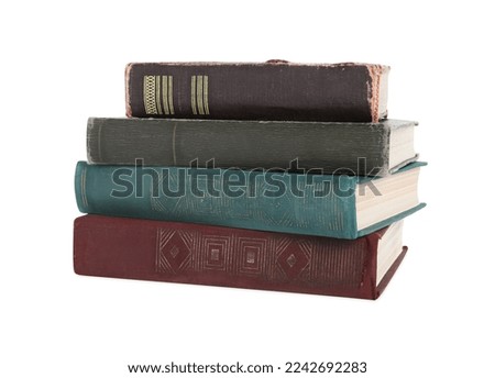 Stack of many old hardcover books isolated on white Royalty-Free Stock Photo #2242692283