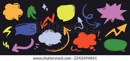Set of speech bubble and arrow vector illustration. Collection of colorful hand drawn comic speech bubble, symbols and arrow doodle style glow on black background. Design for tattoo, sticker, print.