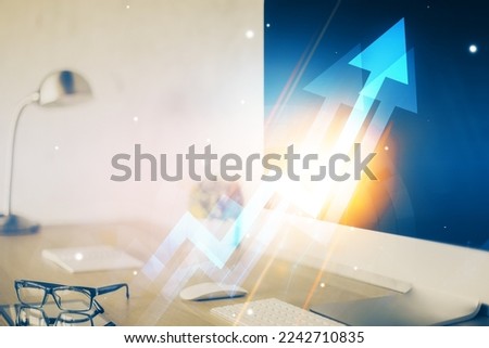 Computer on desktop with point up arrows hologram. Double exposure. Concept of success.