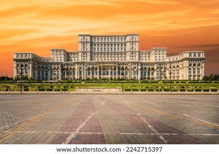 Bucharest, Romania. Parliament building or People's House in romanian capital city. Beautiful summer sunshine skyline.