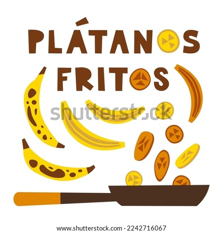 Fried bananas traditional mexican dessert. Platanos fritos Latin American sweet. Slices of plantain on the frying pan. Vector flat illustration. Royalty-Free Stock Photo #2242716067