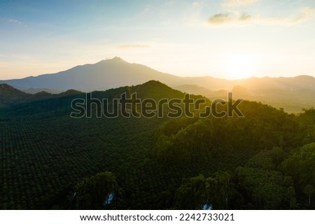 High-angle view of mountain scenery, soft sunlight of the setting sun. Nature and travel concept