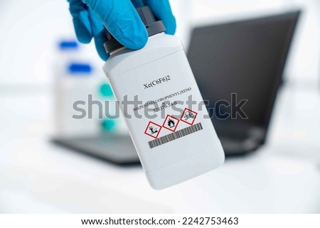 Xe(C6F6)2 Bis(pentafluorophenyl)xenon CAS 328379-54-0 chemical substance in white plastic laboratory packaging Royalty-Free Stock Photo #2242753463