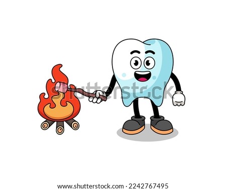 Illustration of tooth burning a marshmallow , character design
