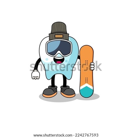 Mascot cartoon of tooth snowboard player , character design