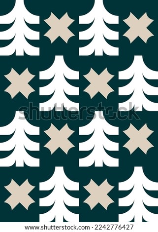 Christmas tree seamless pattern in vintage style. Minimalistic geometric fir tree in dark green, gray and white colors. Winter, Christmas, and New Year concepts.