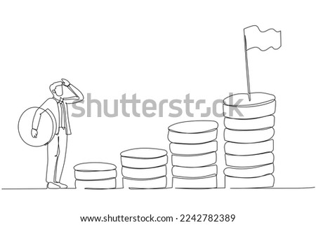Drawing of businessman carrying money coin start step on compound money stack start invest. Single continuous line art style