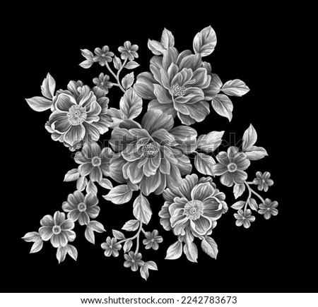 3D wedding flowers,Silver flower clipart with black background,Metallic wedding flowers design,Luxury metallic floral background,Foliage flower illustration
