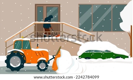 Urban landscape, people shoveling snow on the street.  Heavy snowfall and snow drifts in the city. Vector illustration.