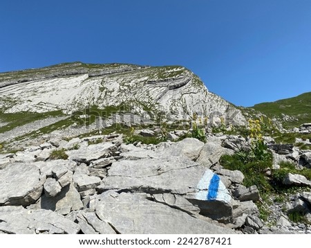 Mountaineering signposts and markings on the slopes of the Melchtal alpine valley and in the Uri Alps mountain massif, Kerns - Canton of Obwalden, Switzerland (Kanton Obwald, Schweiz)