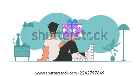 The guy holds a box with gifts in his hands. Modern retro style.