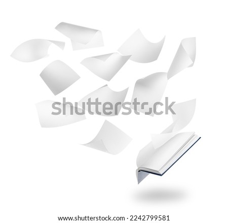 Open book and many flying pages on white background