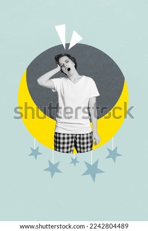 Creative photo 3d collage artwork poster postcard of sleepy lady yawning early morning want sleep isolated on painting background