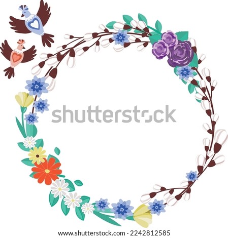 Happy Easter, decorated Easter card, banner. Folk style design.Flowers and willow branch circle frame.