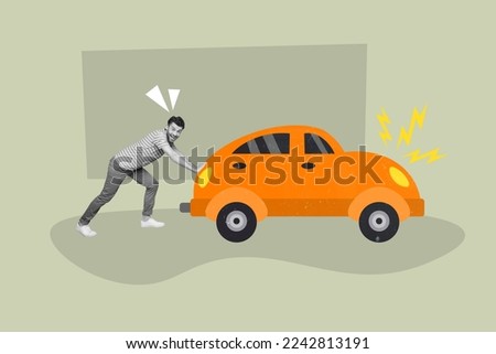 Creative photo 3d collage artwork poster postcard of young guy push car to charge station isolated on painting background