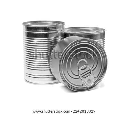 Tin Can Isolated, Preserve Template Mockup, Metal Milk Package Group, Aluminum Cylindrical Container, Different Tin Cans on White Background Side View Royalty-Free Stock Photo #2242813329