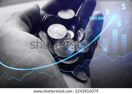 Passive Income With Pennies In Hand With Bull Market Graph Showing An Increase In Income 