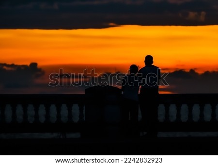 Silhouette of young romantic couple in love and look at the beautiful red-orange sunset time
