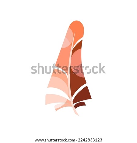 Red fluffy bird feather cartoon illustration. Graphic bright quill with abstract pattern for web design isolated on white background. Plumage concept.