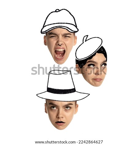 Set of images of young girl face with different emotions and drawn hats in cartoon style. Fashion, facial expressions, emotions, grimace concept. Poster with copy space for ad