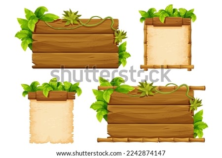 Set wooden signboard, bamboo frame parchment decorated with jungle palm leaves, liana in cartoon style isolated on white background. Jungle, tropical element, textured and detailed board.Ui game asset Royalty-Free Stock Photo #2242874147