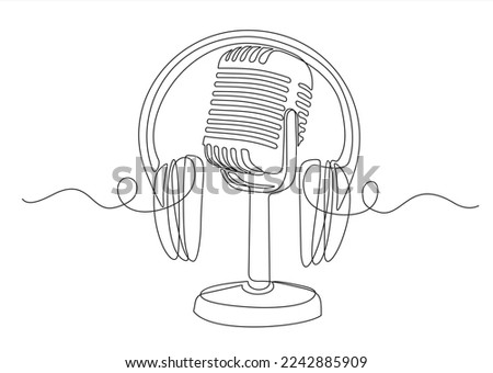 Continuous one single line drawing Retro microphone and headphone speaker device gadget. Continuous line draw design graphic vector illustration.