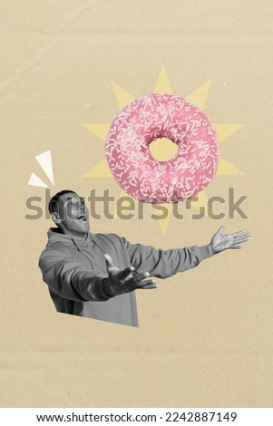 Creative photo 3d collage artwork poster postcard picture of joyful crazy guy buy tasty donut isolated on painting background