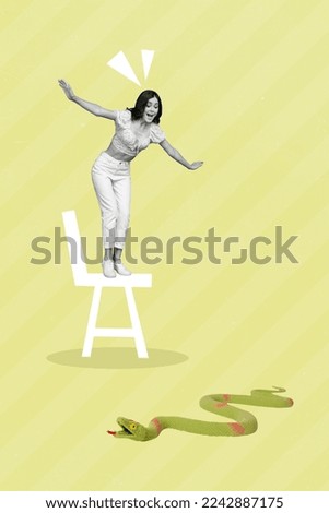 Exclusive magazine picture sketch collage image of funky funny lady standing chair scaring snake isolated painting background