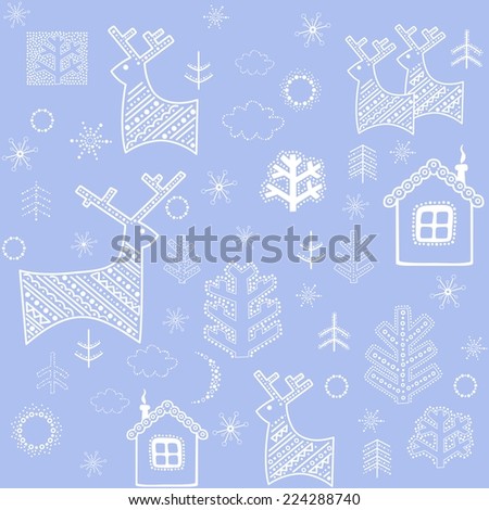 Blue winter wallpaper with reindeer, trees and little house