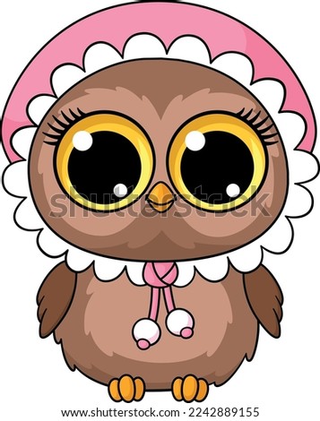 Cartoon owl character. Funny bird in cute hat