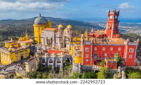 Aerial photographs. View from a flying drone. Pena Palace in Sintra. Lisbon, Portugal. A famous landmark. Top View. Royalty-Free Stock Photo #2242903723
