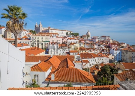 Top view. View of Alfama, the oldest district of the Old Town, with National Pantheon from belvedere Miradouro das Portas do Sol , Lisbon, the capital of Portugal. Royalty-Free Stock Photo #2242905953
