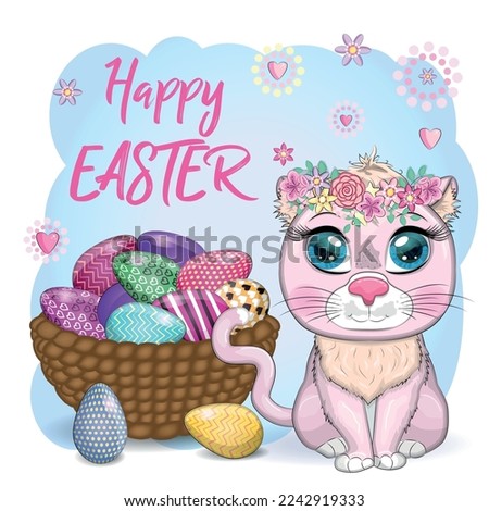 Cute cartoon Cat near a beautiful Easter basket full of eggs. Happy Easter card.