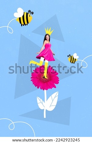 Photo sketch collage graphics artwork picture of funny happy smiling lady enjoying flower bees isolated drawing background