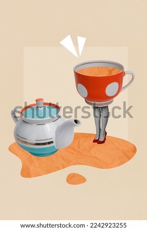 Vertical collage illustration of tea pot cup black white colors legs spit puddle isolated on background