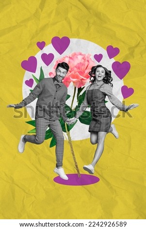 Photo sketch collage graphics artwork picture of smiling charming couple getting 14 february gifts isolated drawing background