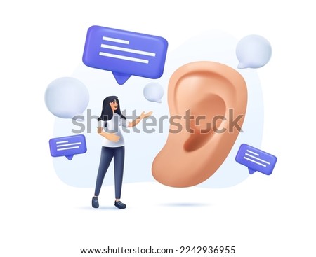 Active listening 3D illustration. Attentive character, correct manners, etiquette and courtesy. Young girl next to big ear. Conversation, communication, collaboration. 3D render vector illustration Royalty-Free Stock Photo #2242936955